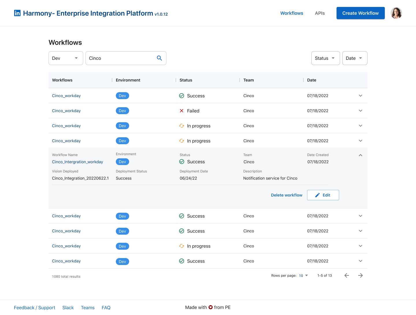 Harmony Enterprise Integration Platform — Workflows dashboard showing status, team, and date for each workflow