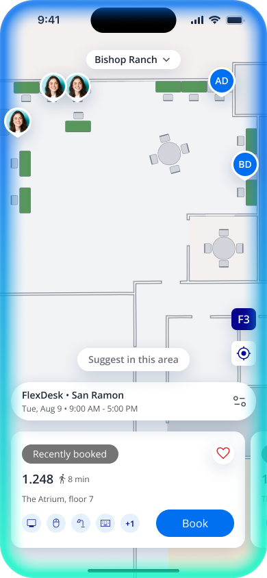 Nova map view — suggesting a nearby desk with a Book button