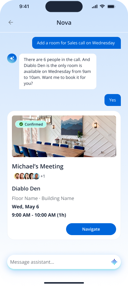 Nova agent chat — confirming a room booking for a meeting on Wednesday